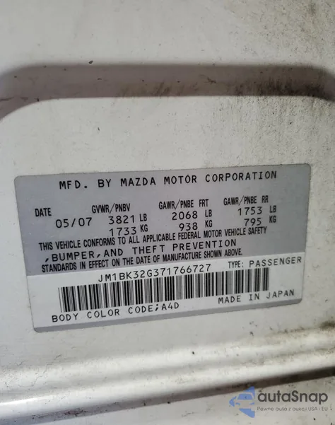 2007 Mazda 3 I из США, поврежденный, VIN JM1BK32G371766727